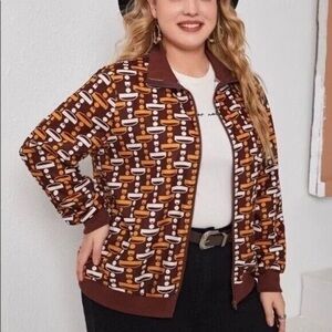 ❄️ Emery Rose | Plus Geo Print Zipper Bomber Jacket Various Sizes Available